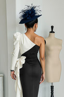 Load image into Gallery viewer, Black and White One Shoulder Patchwork Midi Mother of the Bride Dress with Sleeves