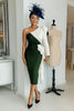Load image into Gallery viewer, Black and White One Shoulder Patchwork Midi Mother of the Bride Dress with Sleeves