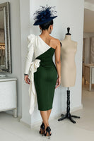 Load image into Gallery viewer, Black and White One Shoulder Patchwork Midi Mother of the Bride Dress with Sleeves