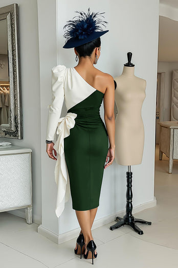 Black and White One Shoulder Patchwork Midi Mother of the Bride Dress with Sleeves