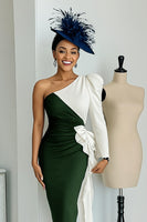 Load image into Gallery viewer, Black and White One Shoulder Patchwork Midi Mother of the Bride Dress with Sleeves