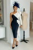Load image into Gallery viewer, Black and White One Shoulder Patchwork Midi Mother of the Bride Dress with Sleeves