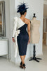 Load image into Gallery viewer, Black and White One Shoulder Patchwork Midi Mother of the Bride Dress with Sleeves