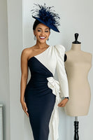 Load image into Gallery viewer, Black and White One Shoulder Patchwork Midi Mother of the Bride Dress with Sleeves