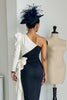 Load image into Gallery viewer, Black and White One Shoulder Patchwork Midi Mother of the Bride Dress with Sleeves
