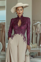 Load image into Gallery viewer, Purple Apricot High Neck Lace Long Sleeves Mother of the Bride Jumpsuits