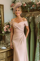 Load image into Gallery viewer, Dusty Rose Satin Off the Shoulder Ruched Midi Mother of the Bride Dress