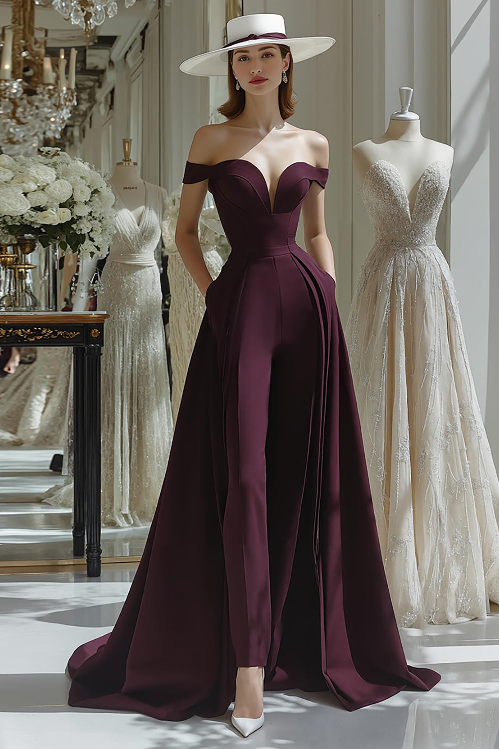 Cabernet A Line Off the Shoulder Satin Long Mother of the Bride Jumpsuits