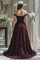 Load image into Gallery viewer, Cabernet A Line Off the Shoulder Satin Long Mother of the Bride Jumpsuits