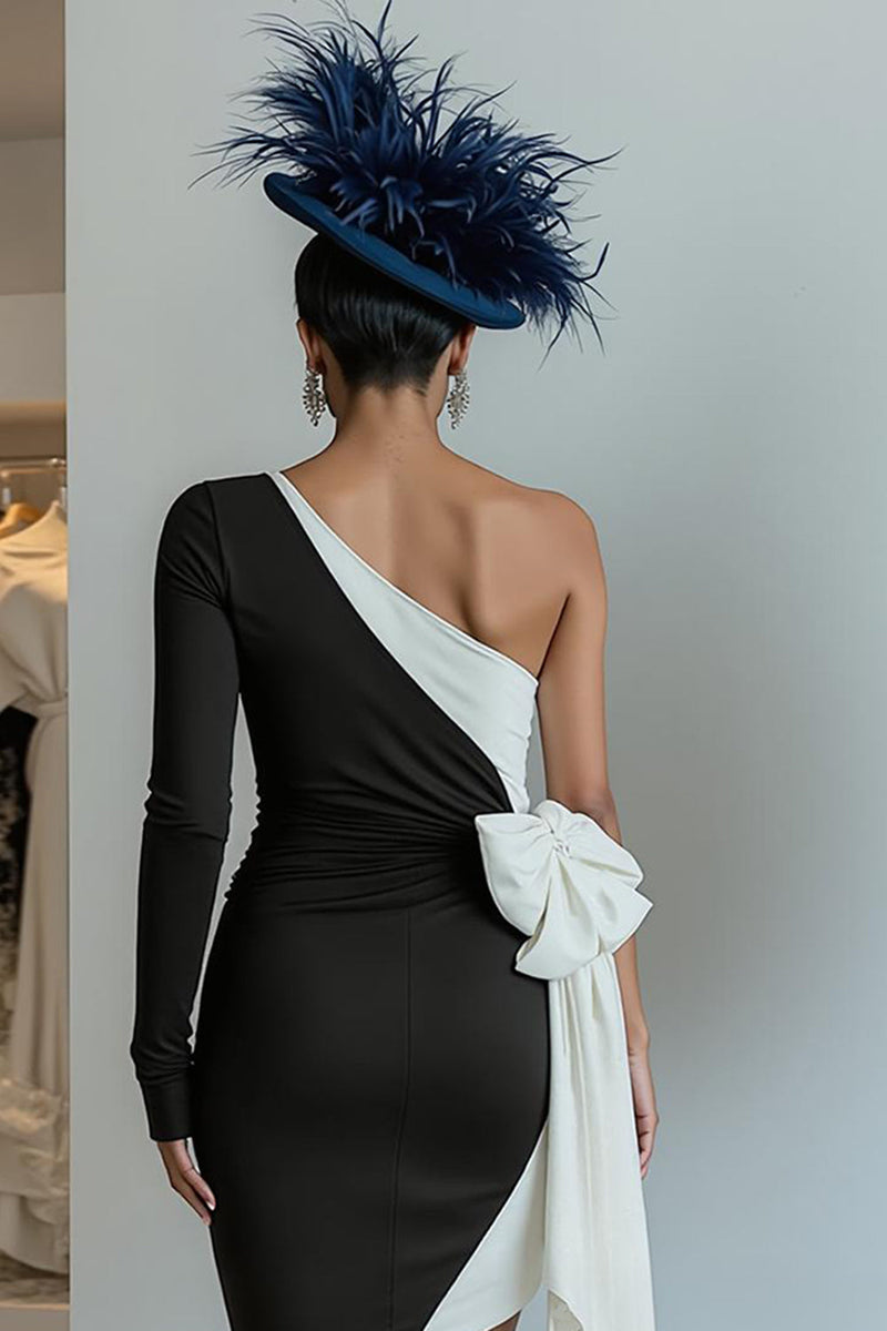 Load image into Gallery viewer, Black and White One Shoulder Ruched Midi Mother of the Bride Dress with Bow