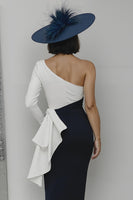 Load image into Gallery viewer, Black and White Sheath One Shoulder Midi Mother of the Bride Dress with Ruffles