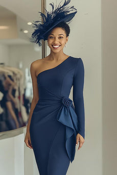Navy Draped One Shoulder Sheath Midi Mother of the Bride Dress