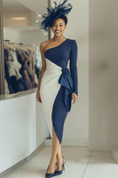 Load image into Gallery viewer, Navy Draped One Shoulder Sheath Midi Mother of the Bride Dress