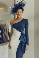 Load image into Gallery viewer, Navy Draped One Shoulder Sheath Midi Mother of the Bride Dress