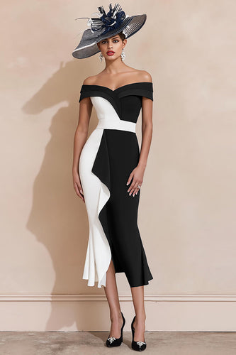 Black and White Off the Shoulder Ruffled Mermaid Long Mother of the Bride Dress
