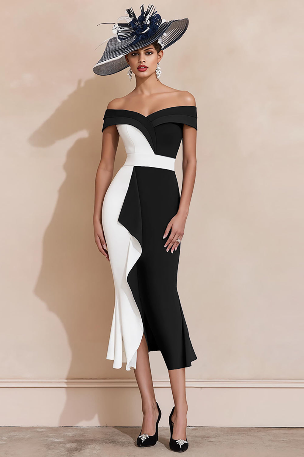 Black and White Off the Shoulder Ruffled Mermaid Long Mother of the Bride Dress