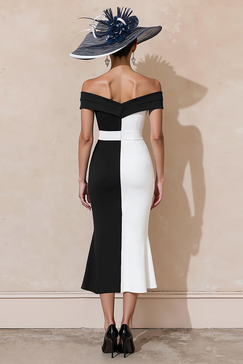 Load image into Gallery viewer, Black and White Off the Shoulder Ruffled Mermaid Long Mother of the Bride Dress