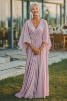 Load image into Gallery viewer, Dusty Rose Flowy V-Neck Long Mother of the Bride Dress with Sleeves