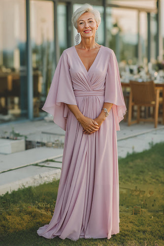 Dusty Rose Flowy V-Neck Long Mother of the Bride Dress with Sleeves