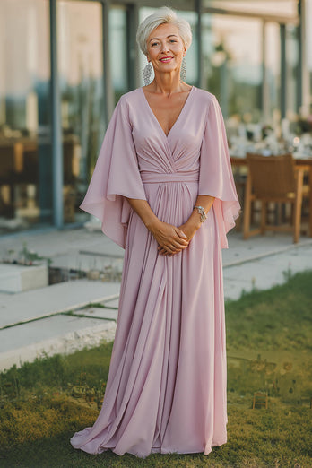 Dusty Rose Flowy V-Neck Long Mother of the Bride Dress with Sleeves