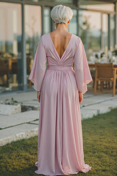 Dusty Rose Flowy V-Neck Long Mother of the Bride Dress with Sleeves