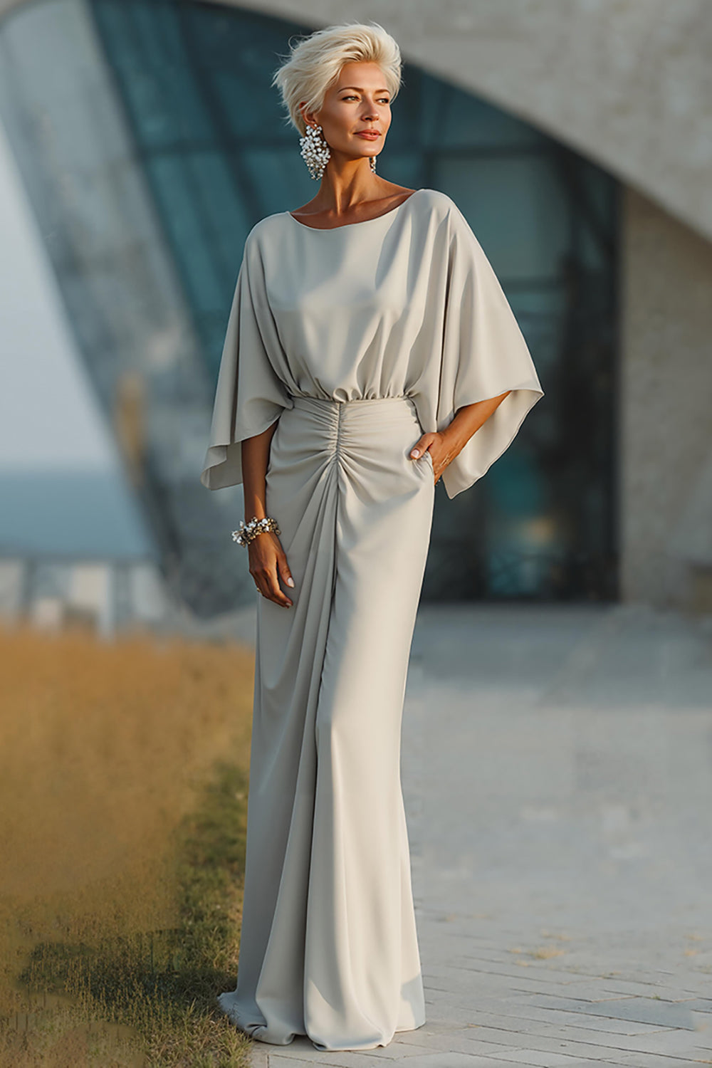 Silver Ruched Sheath Boat Neck Long Mother of the Bride Dress with Pocket