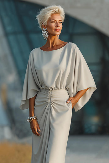 Silver Ruched Sheath Boat Neck Long Mother of the Bride Dress with Pocket