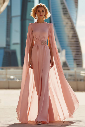 Sparkly Blush Pink Chiffon Round Neck Long Mother of the Bride Dress with Cape