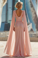 Load image into Gallery viewer, Sparkly Blush Pink Chiffon Round Neck Long Mother of the Bride Dress with Cape