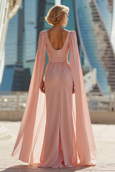 Sparkly Blush Pink Chiffon Round Neck Long Mother of the Bride Dress with Cape