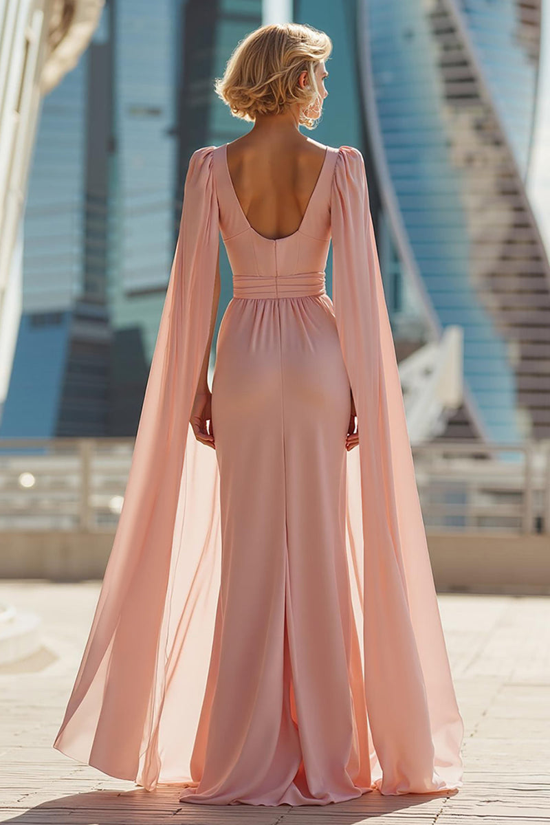 Load image into Gallery viewer, Sparkly Blush Pink Chiffon Round Neck Long Mother of the Bride Dress with Cape