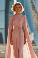Load image into Gallery viewer, Sparkly Blush Pink Chiffon Round Neck Long Mother of the Bride Dress with Cape