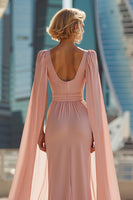 Load image into Gallery viewer, Sparkly Blush Pink Chiffon Round Neck Long Mother of the Bride Dress with Cape