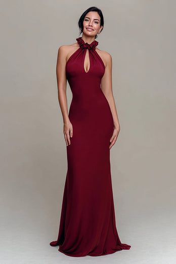 Burgundy Mermaid High Neck Maxi Formal Dress
