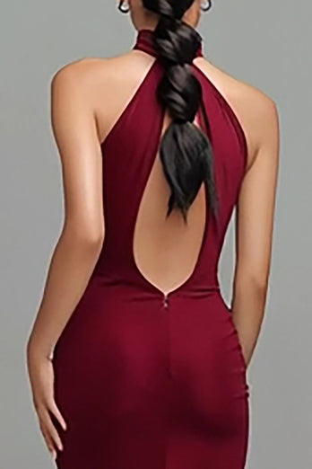 Burgundy Mermaid High Neck Maxi Formal Dress