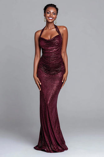 Sparkly Burgundy Mermaid Halter Sequin Maxi Holiday Party Dress