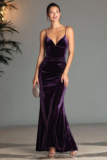 Purple Velvet Spaghetti Straps Mermaid Long Holiday Party Dress