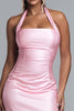 Load image into Gallery viewer, Simple Pink Satin Halter Mermaid Long Formal Dress