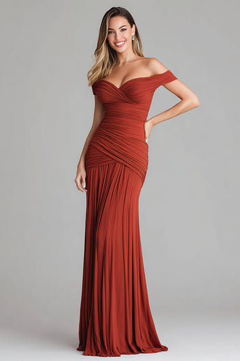 Terracotta Ruched Mermaid Off the Shoulder Long Formal Dress