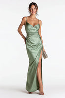 Load image into Gallery viewer, Sage Green Satin Spaghetti Straps Mermaid Long Formal Dress with Slit