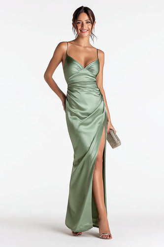 Sage Green Satin Spaghetti Straps Mermaid Long Formal Dress with Slit