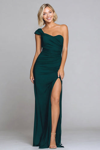 Dark Green Mermaid One Shoulder Long Formal Dress with Slit