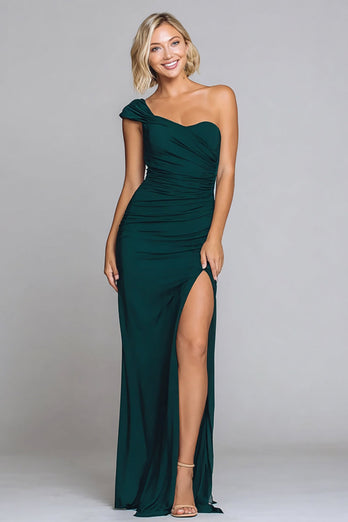 Dark Green Mermaid One Shoulder Long Formal Dress with Slit