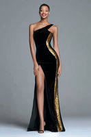 Load image into Gallery viewer, Sparkly Black Velvet One Shoulder Mermaid Long Holiday Party Dress with Sequins