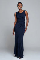 Load image into Gallery viewer, Simple Navy Mermaid V-Neck Ruched Long Formal Dress
