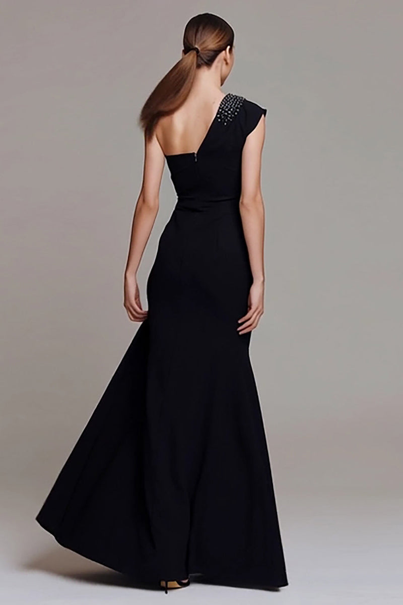 Load image into Gallery viewer, Sparkly Black Ruched Sheath One Shoulder Long Formal Dress with Beading