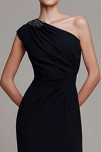 Sparkly Black Ruched Sheath One Shoulder Long Formal Dress with Beading