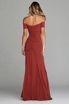 Terracotta Mermaid Ruched Off the Shoulder Long Formal Dress