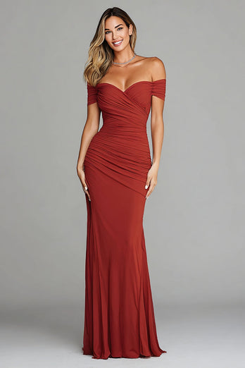 Terracotta Mermaid Ruched Off the Shoulder Long Formal Dress