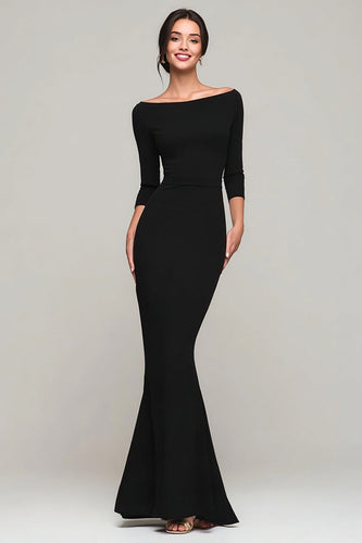 Black Mermaid Boat Neck Maxi Formal Dress with Sleeves